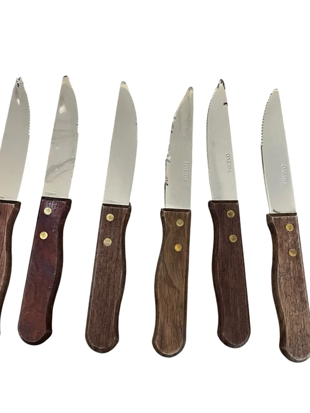 6 Oneida Stainless Steel Wood Handled Steak Knives 10” Long With Block VGC